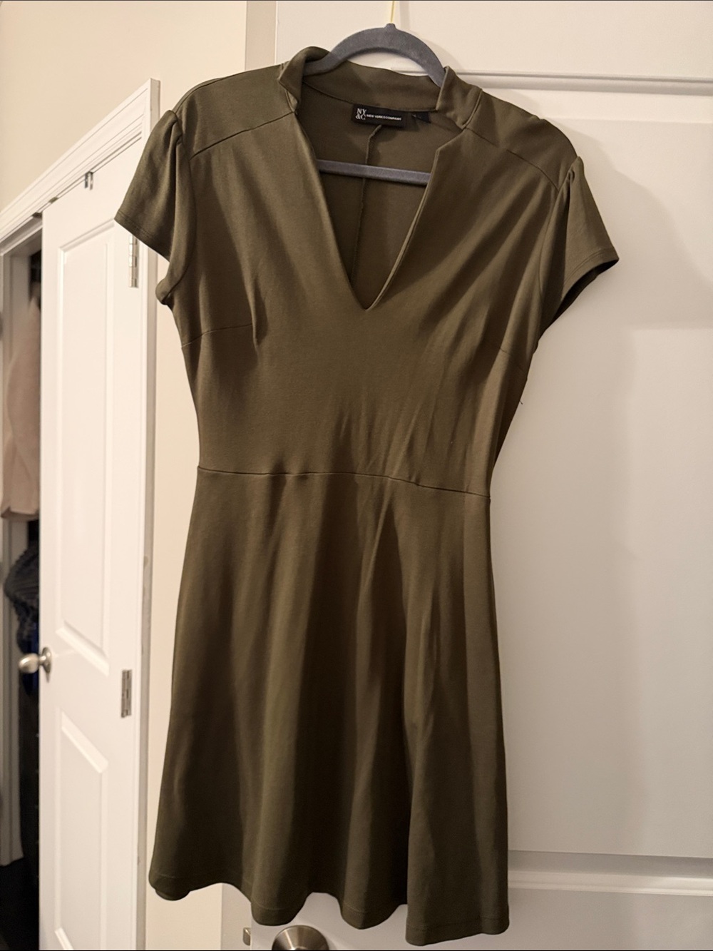New York & Company Olive Green V-Neck A-Line Midi Dress